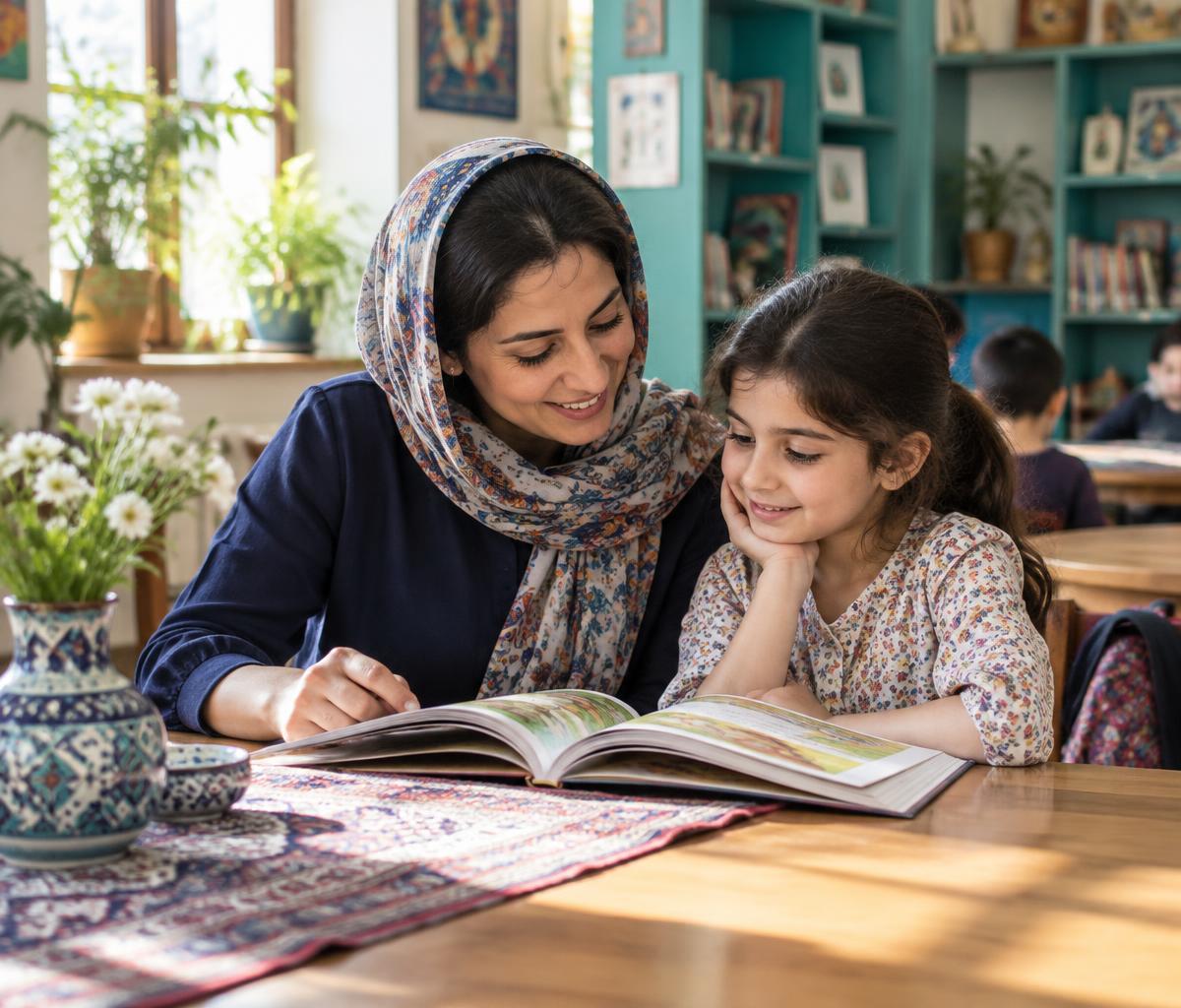 Illustrative image of a mother and daughter reading together